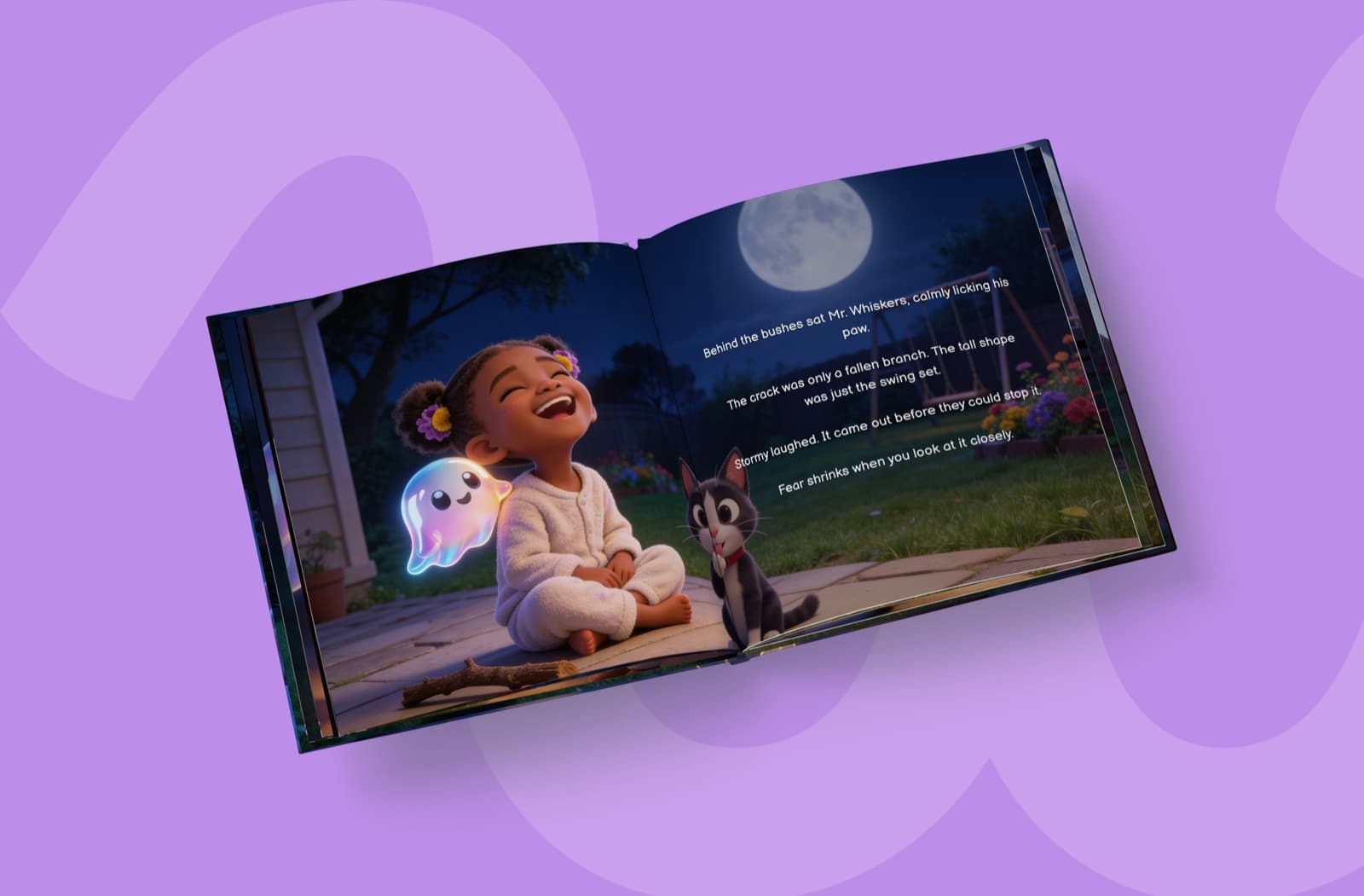 Child laughing with Luna and cat in moonlit garden