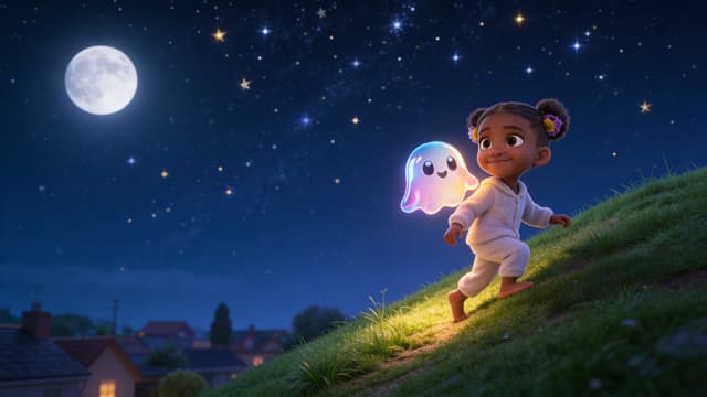 A child climbing a grassy hilltop at night with a glowing ghost friend