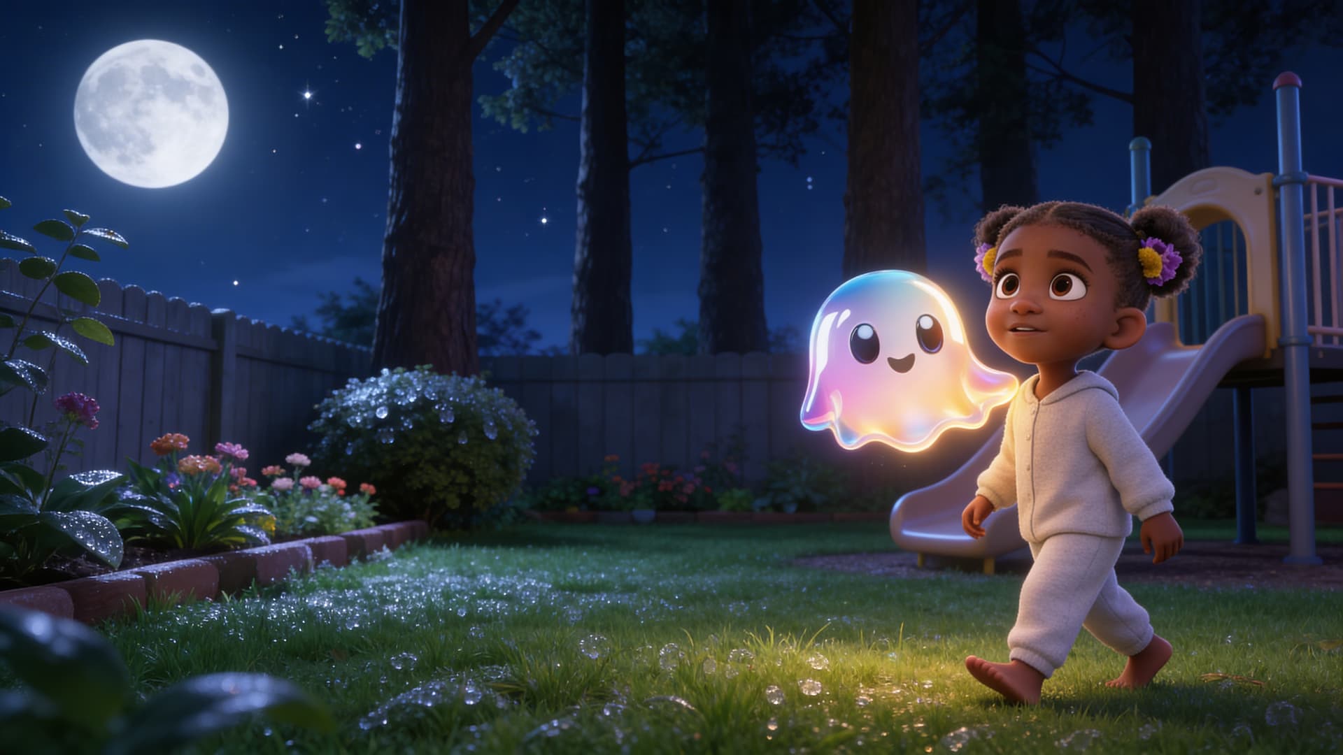 A child and a friendly glowing ghost in a moonlit garden