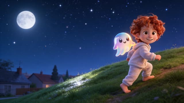 A child and ghost companion on a hilltop under a starry sky