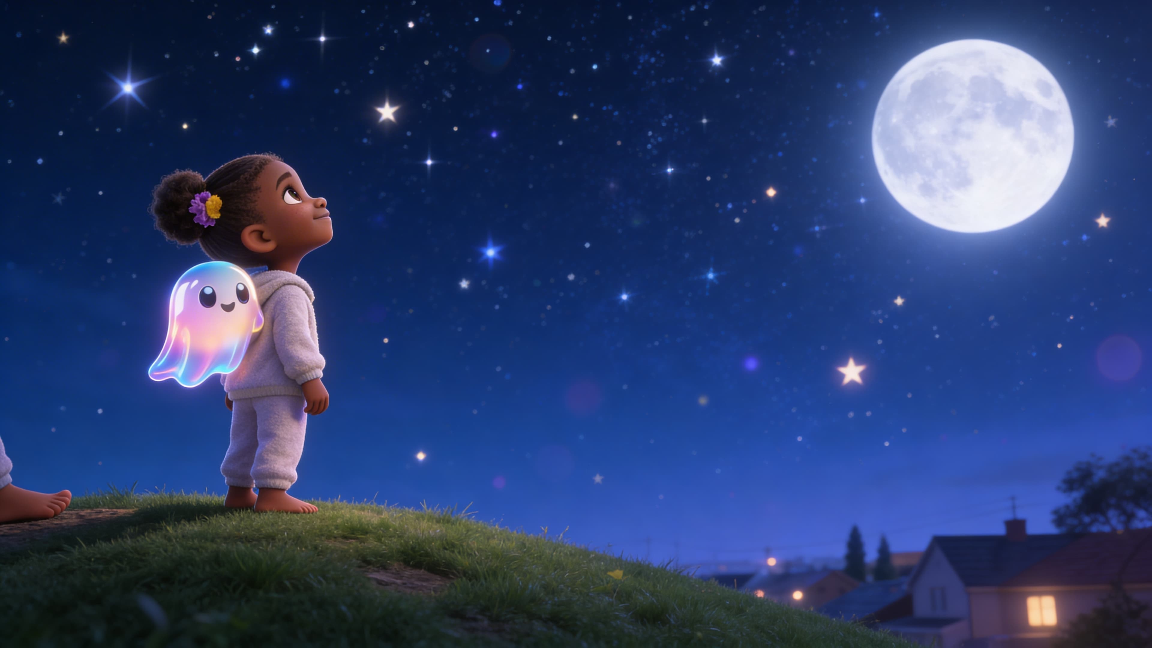 The child and Luna sitting on a hilltop gazing at a sky full of stars