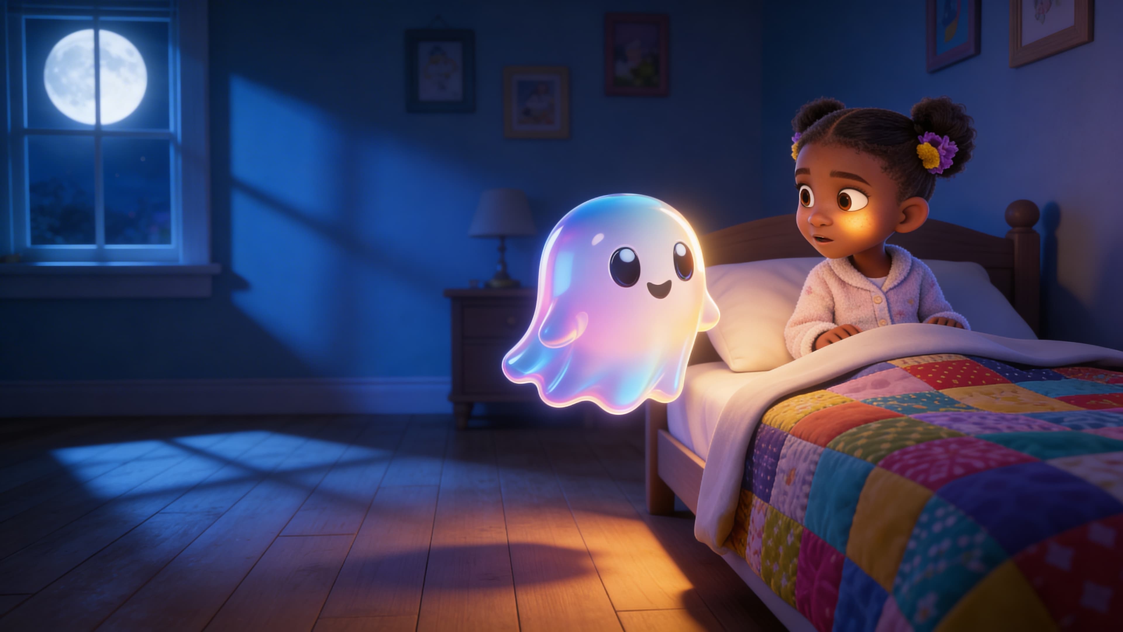 Luna the glowing ghost appears in the child’s bedroom at night