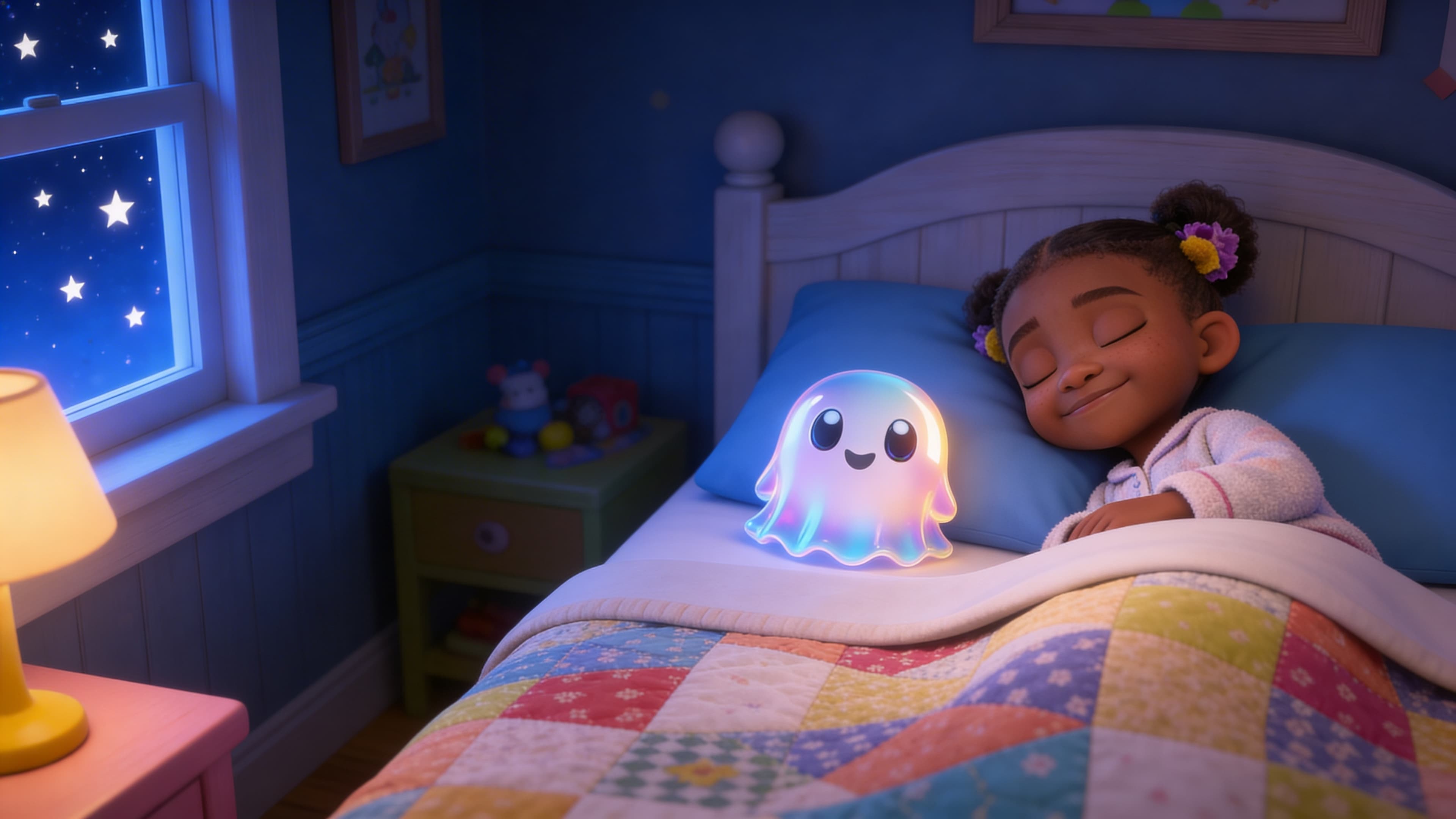 The child sleeping peacefully with Luna glowing softly beside them