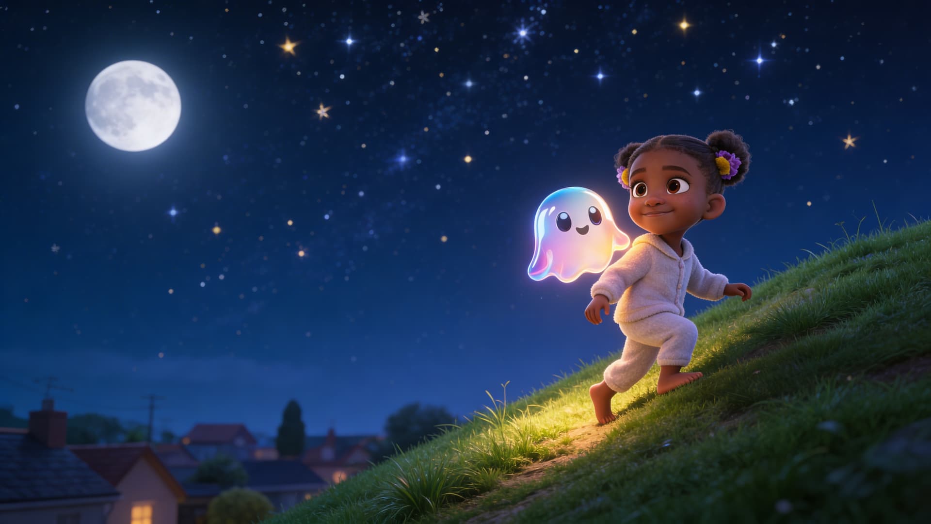 A child climbing a grassy hilltop at night with a glowing ghost friend