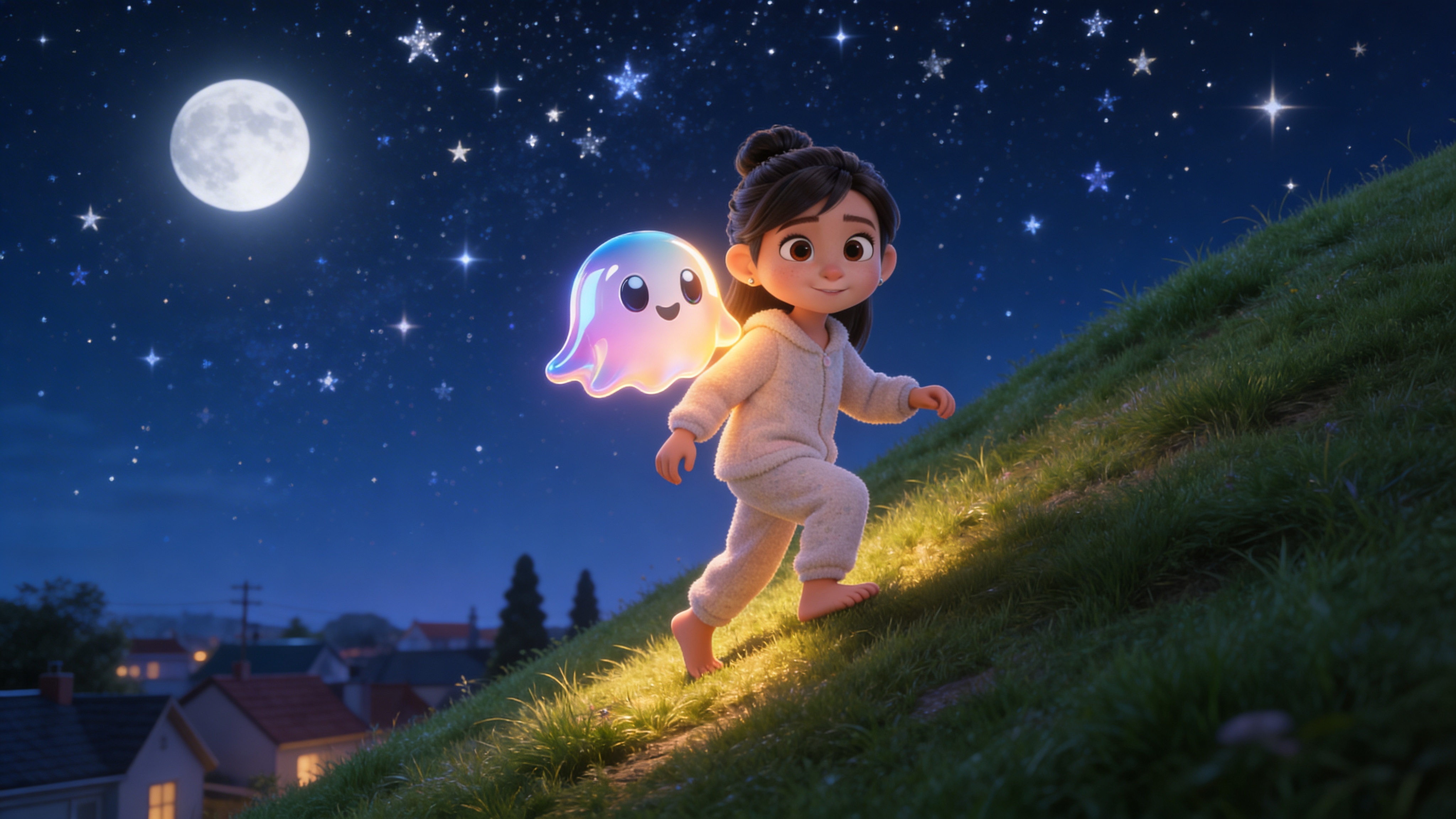 A child and ghost on a hilltop looking up at the stars