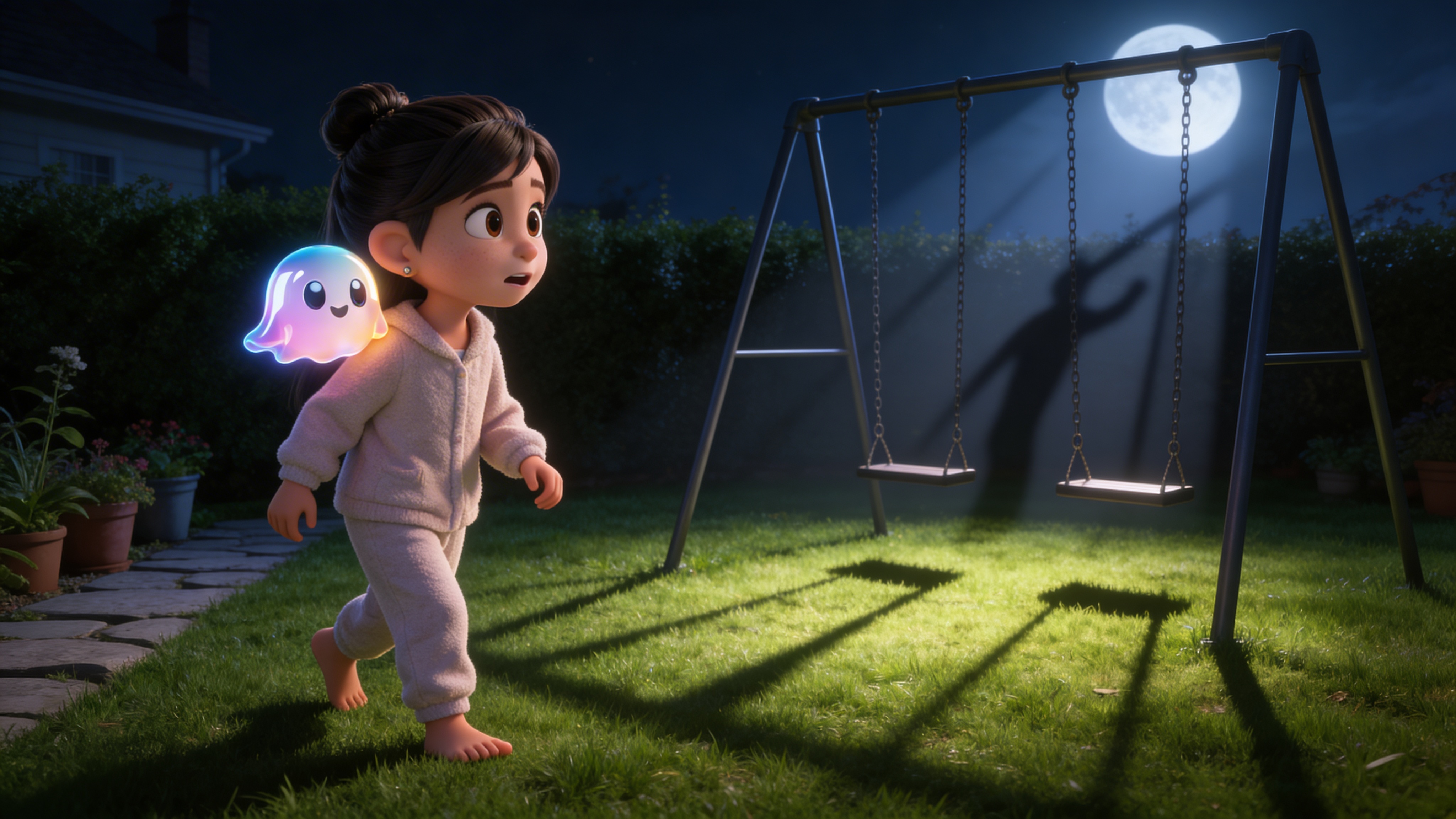 A child and ghost in a moonlit garden at night